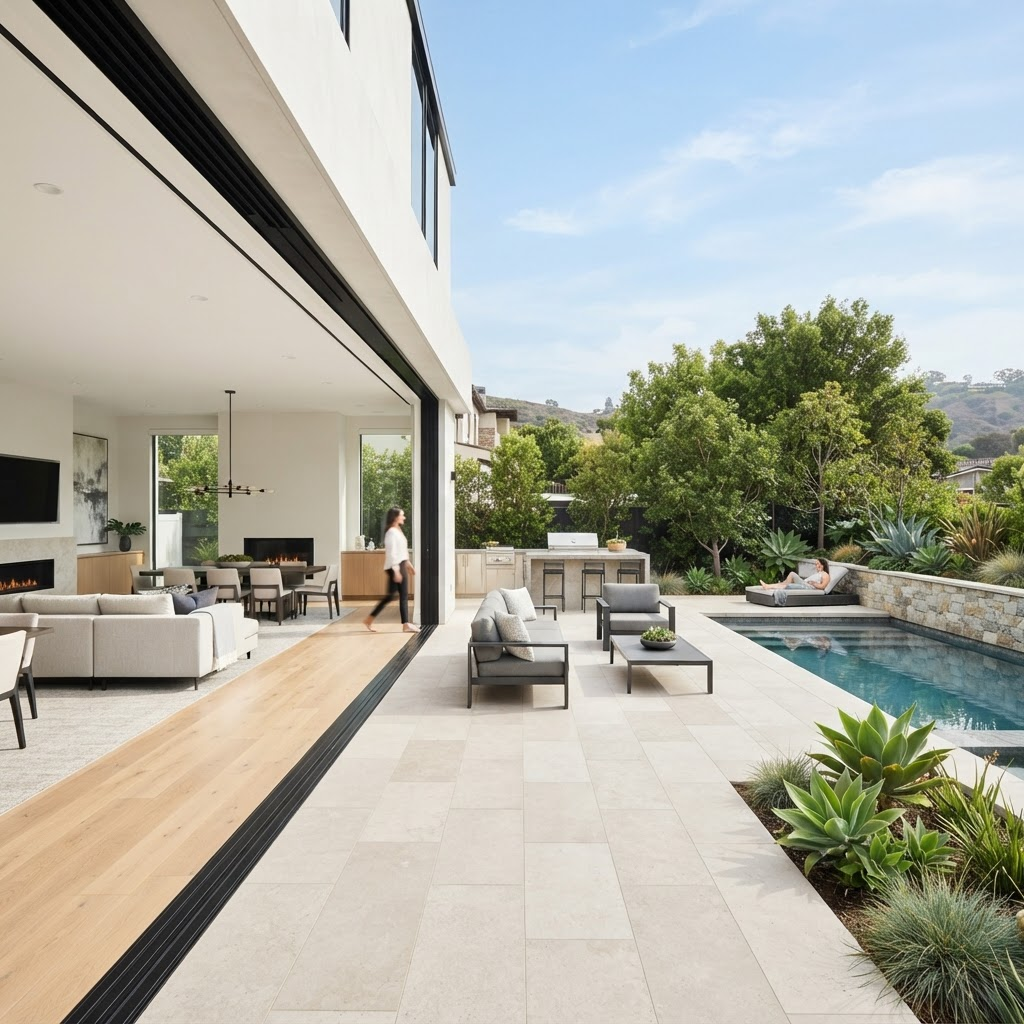 Full-width panoramic sliding system opening the home to the outdoor living area