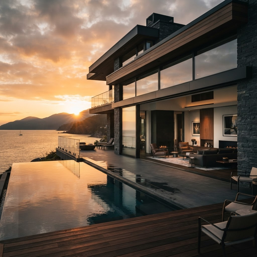 Luxury waterfront home with panoramic glass walls opening to an infinity pool at sunrise